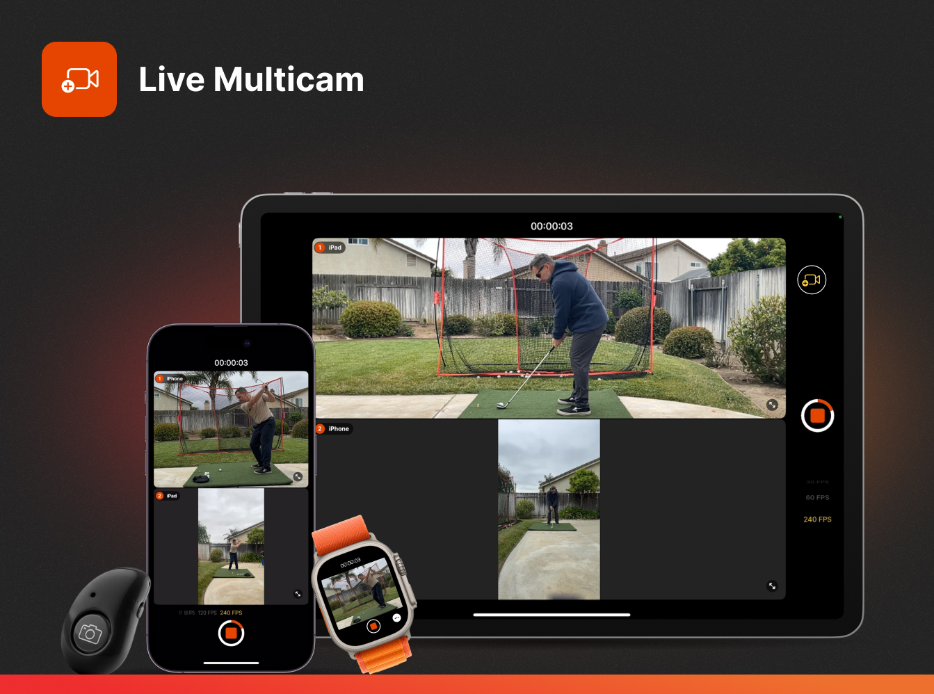 CoachNow Live Multicam feature showing simultaneous multi-device golf swing recording from iPhone, iPad, and smartwatch with real-time video feeds, frame rates up to 240 FPS, and remote camera control for professional swing analysis.