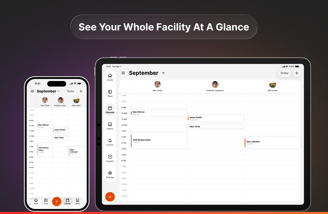CoachNow’s facility calendar on a phone and a tablet, showing three coaches’ lesson schedules side by side.