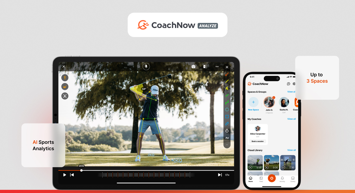 CoachNow Analyze platform showing AI-powered sports analytics with skeleton tracking overlay on golf swing video, desktop and mobile interfaces displaying up to 3 spaces, coach profiles, and cloud library for video analysis and athlete coaching.