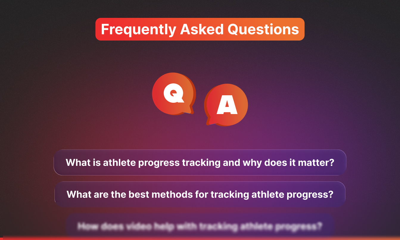 FAQ slide titled "Frequently Asked Questions" with Q and A speech bubble icons above three questions about athlete progress tracking: what athlete progress tracking is and why it matters, the best methods for tracking athlete progress, and how video helps with tracking athlete progress