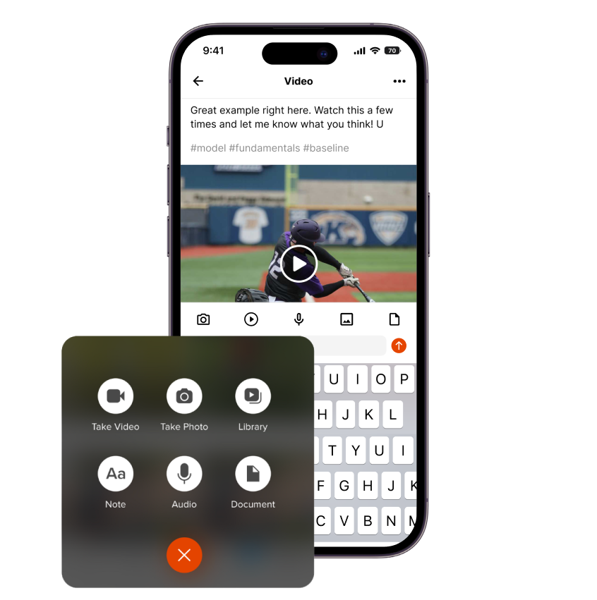 iphone showing a video post of a baseball player swinging his bat in the coachnow app