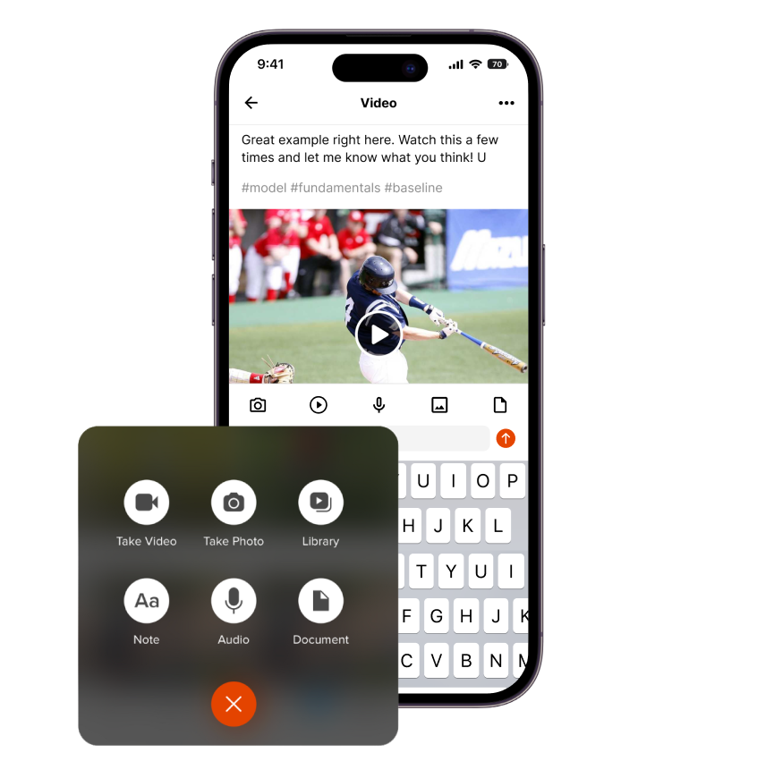 iphone showing video post in coachnow app of a baseball player swinging their bat outside