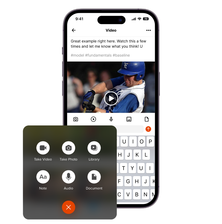 iphone showing video post in coachnow app of a baseball player