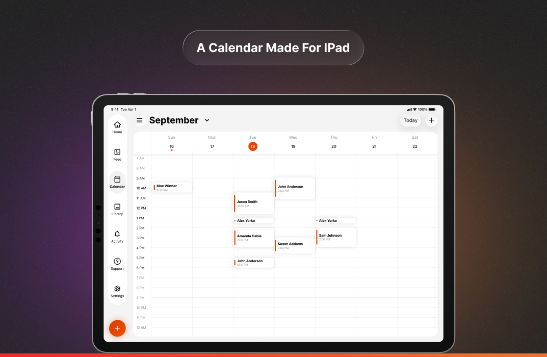 CoachNow’s calendar on an iPad, with a full week of lessons and a navigation sidebar on the left.