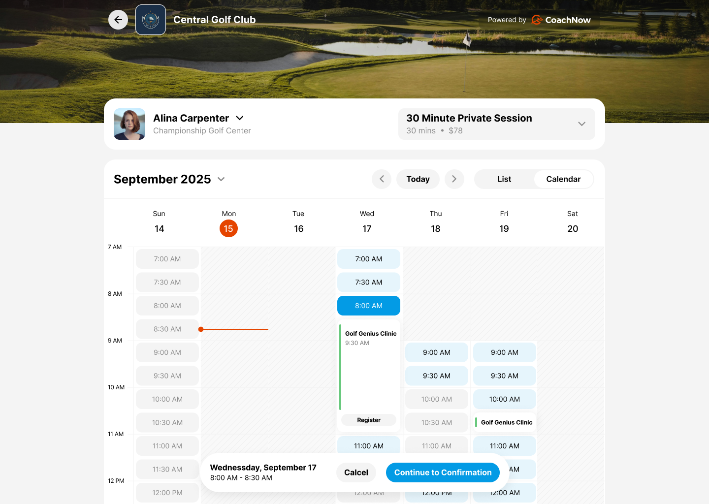 CoachNow Central Golf Club booking interface showing Alina Carpenter's 30 minute private session availability for September 2025 with calendar scheduling, time slots, and option to continue to confirmation for $78 coaching appointment.