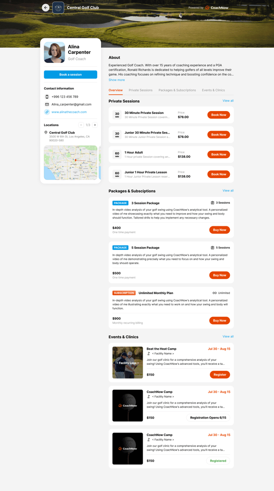 CoachNow golf coach profile page for Alina Carpenter at Central Golf Club displaying private coaching sessions, training packages, subscriptions with video analysis, events and golf clinics with booking and registration options.