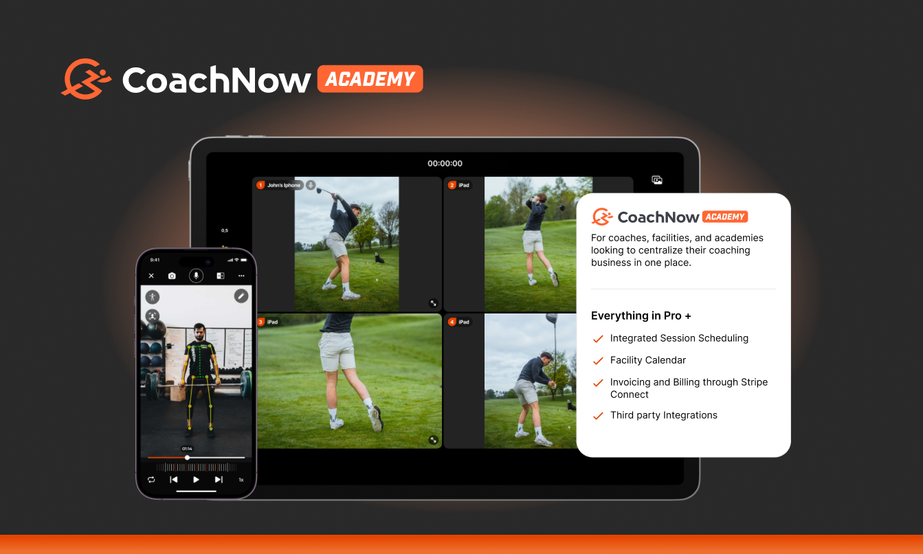 iphone and ipad showing coachnow academy tools like skeleton tracking and muticam
