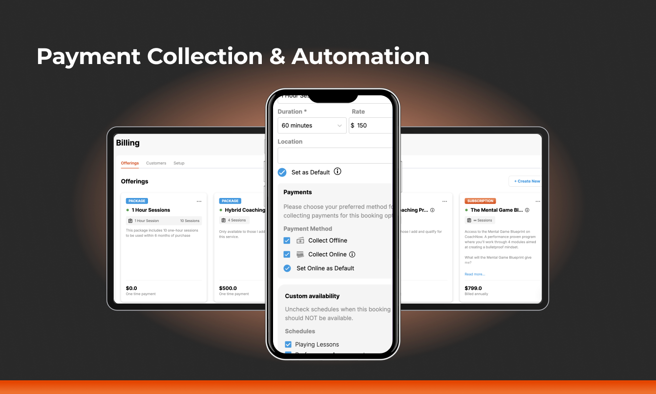 iphone and ipad screens showing payment collection and automation tools in coachnow, like upfront payments and packages and subscriptions