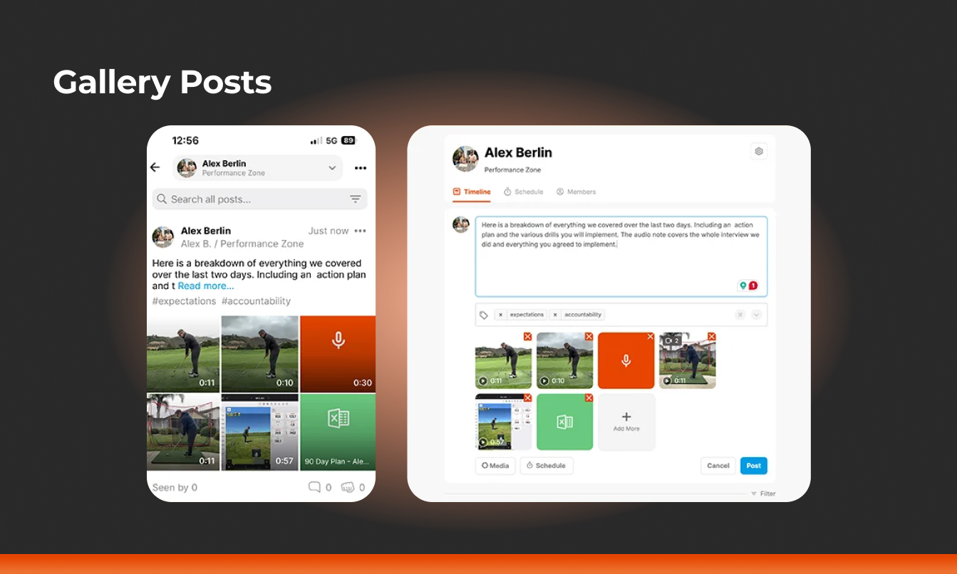 screenshots of a posted gallery post and creating a gallery post in coachnow on mobile and desktop