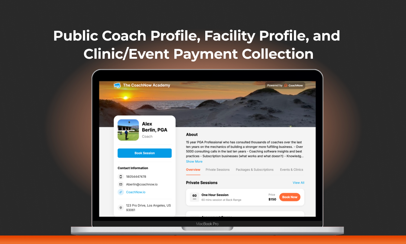 laptop showing a public coach profile in coachnow on desktop