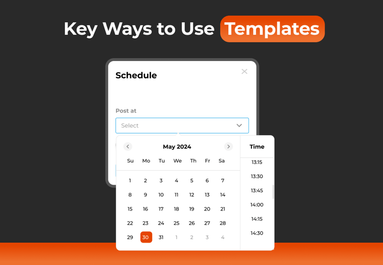 CoachNow Templates key features showing Group Settings permissions and automated post scheduling calendar for May 2024