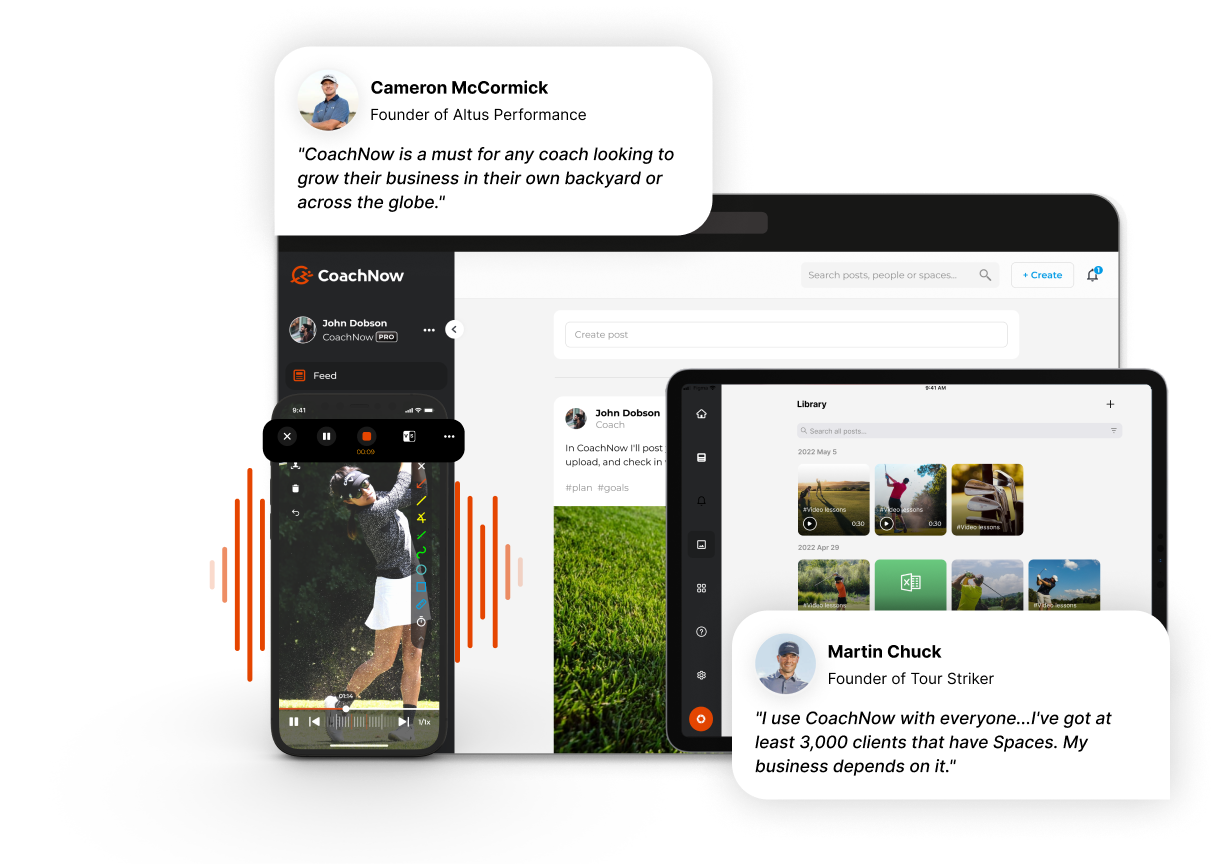 Desktop, iphone, and ipad screens showing different sections of the coachnow site and app