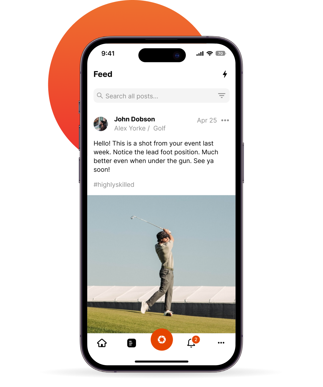 iphone showing golfer outside swinging golf club in a post in coachnow app