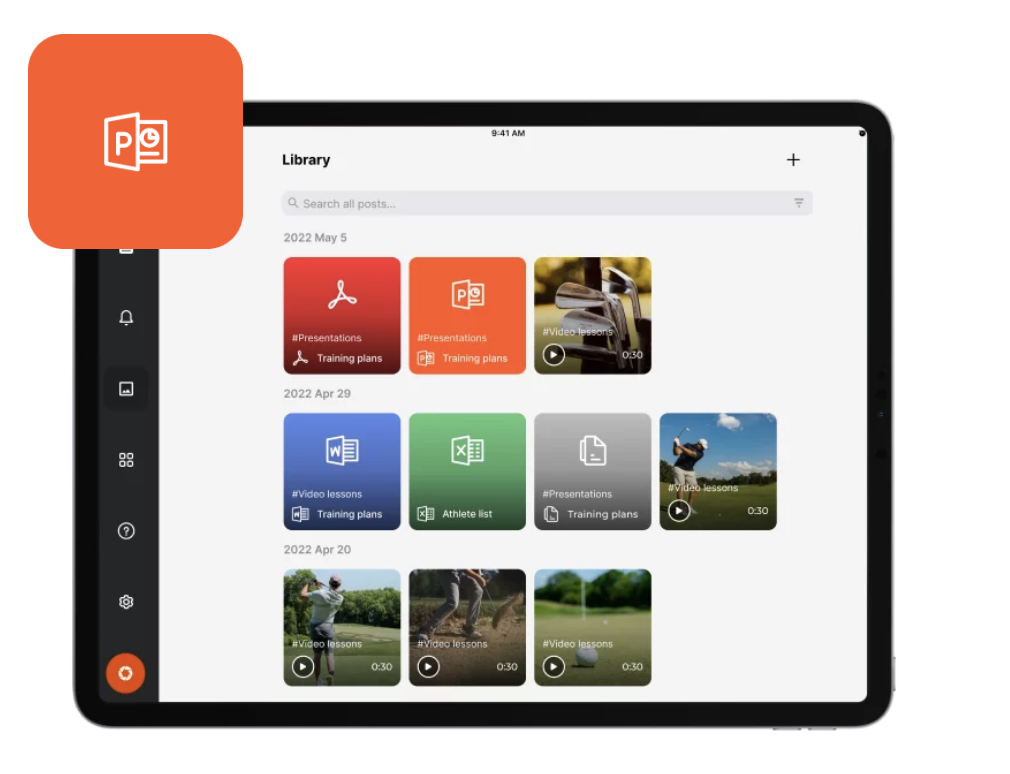 CoachNow Cloud Library showing pdf powerpoint word document