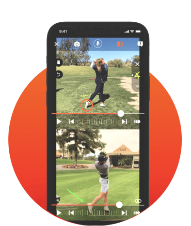 iphone showing 2 golfers outside swinging golf clubs in a side-by-side comparison in coachnow app