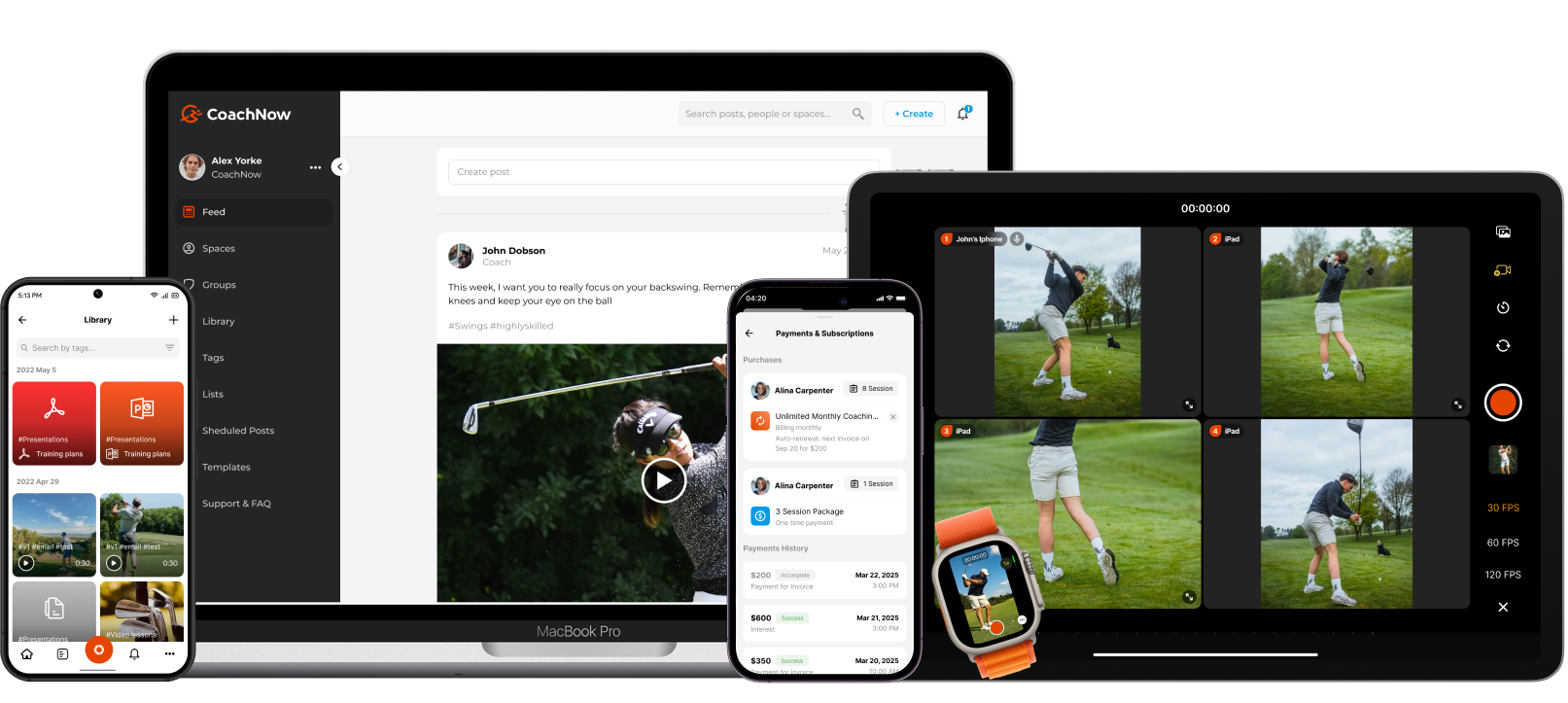 iphone, apple watch, and ipad showing various features within coachnow academy