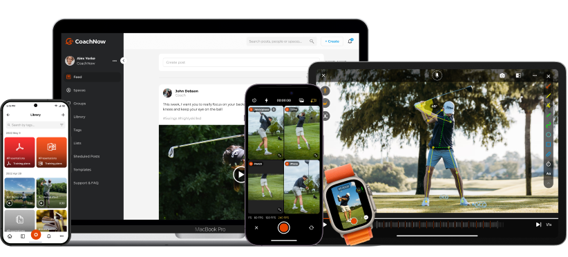 iphone, apple watch, and ipad showing various features within coachnow PRO