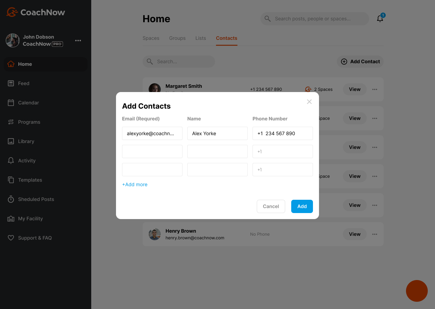 CoachNow Pro coach dashboard showing Contacts section with Add Contacts modal for John Dobson to input athlete email addresses, names, and phone numbers for managing coaching clients
