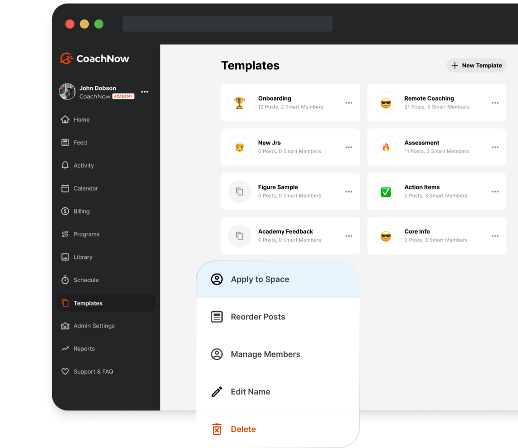 coachnow template showing a pro players list with buttons for applying the template to a space