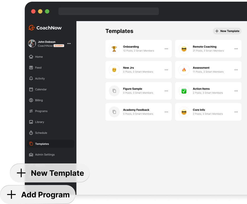 CoachNow coaching software template dashboard for sports coaches to manage athlete programs and feedback