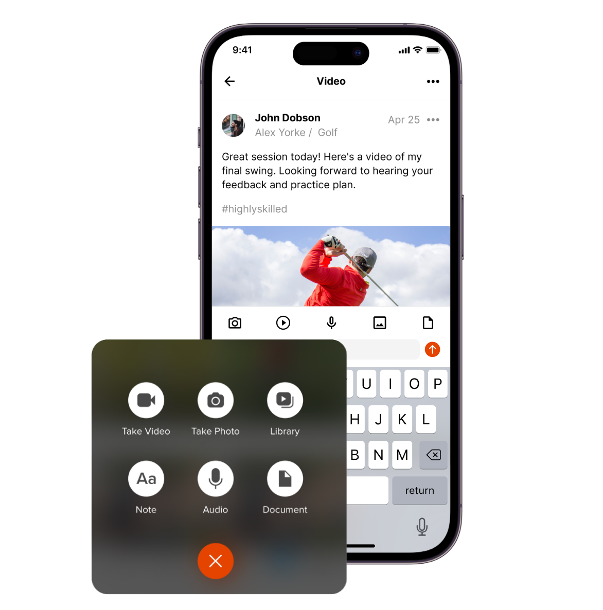 iphone showing man in red shirt swinging golf club outside in a post within coachnow app