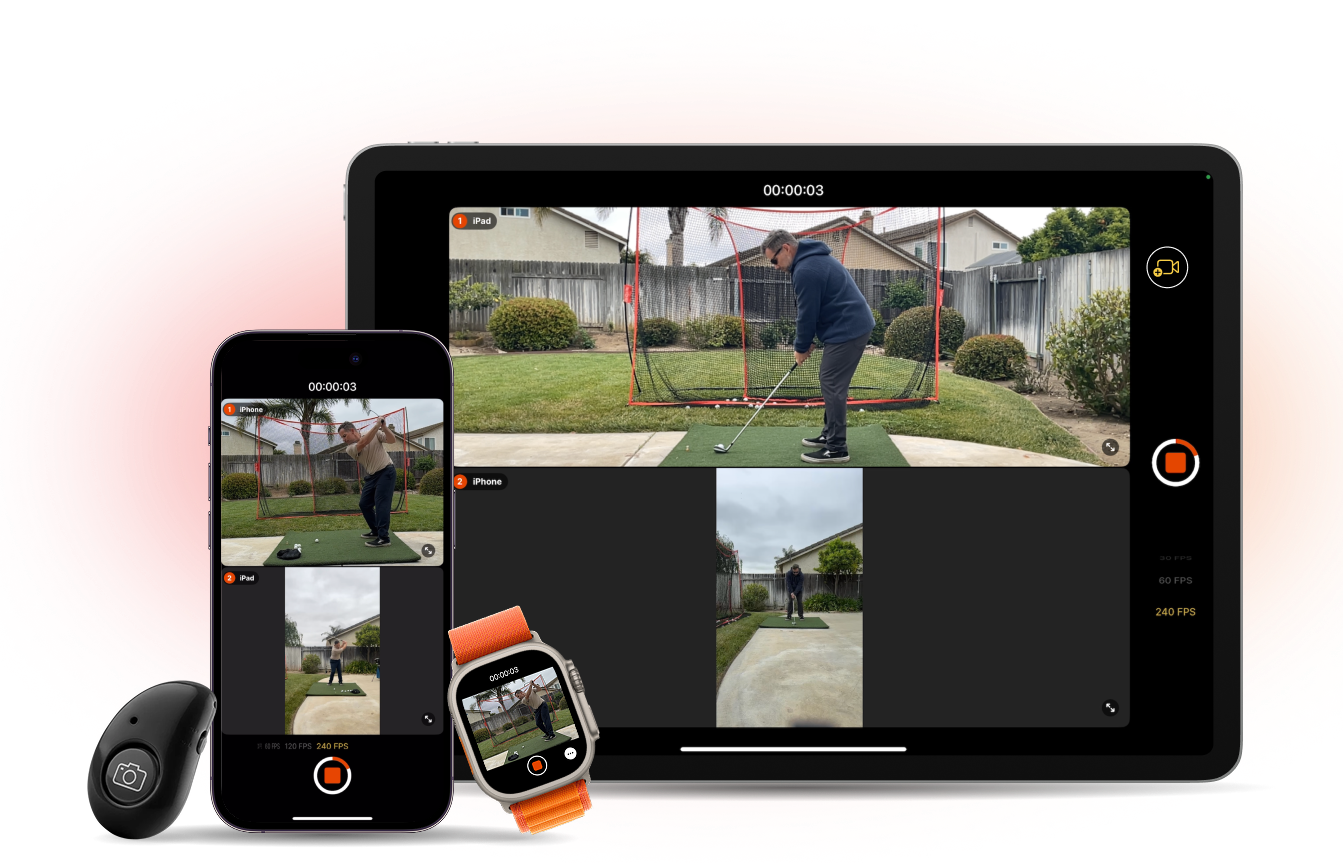 CoachNow Live Multicam showing golfer on ipad, iphone, and apple watch