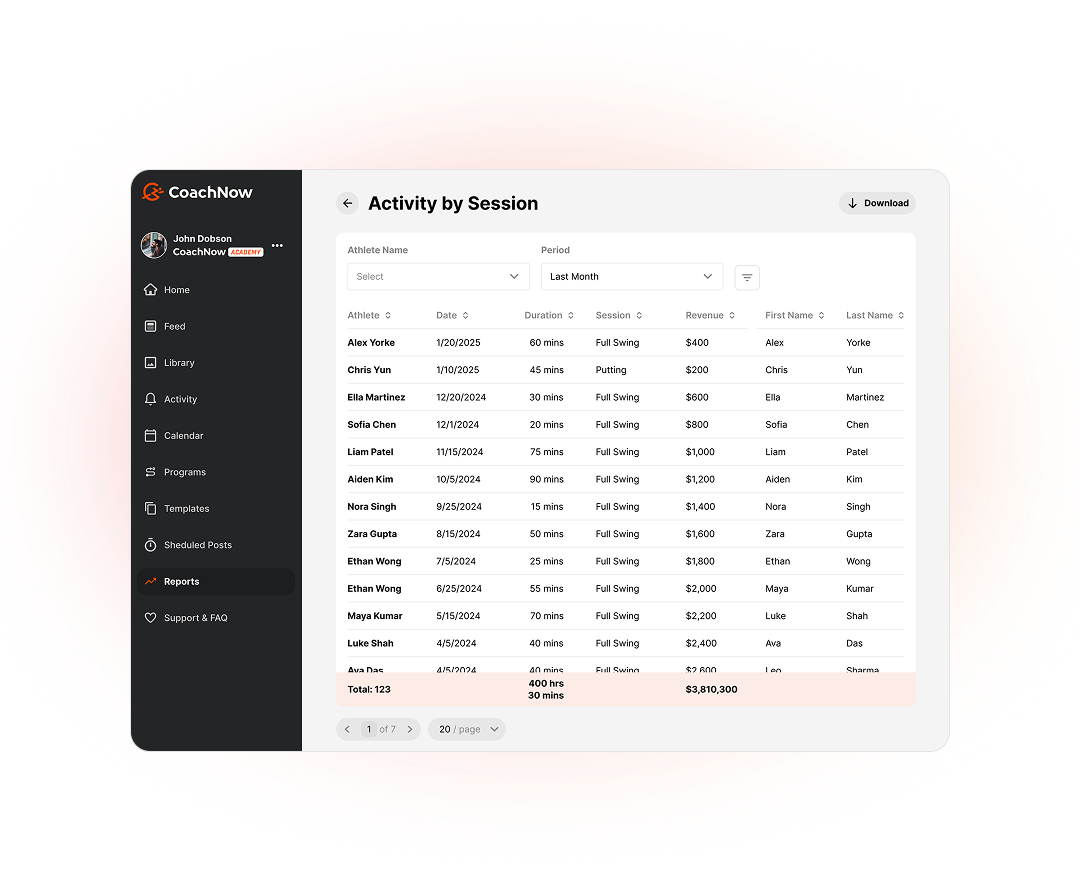 CoachNow dashboard showing player stats