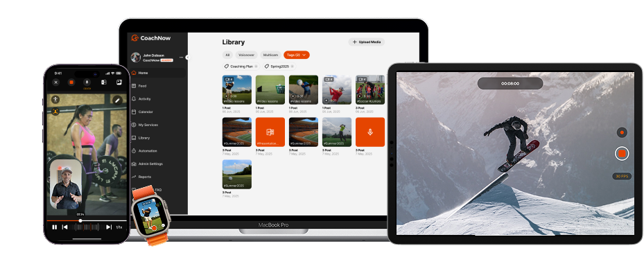 iphone, apple watch, and ipad showing various features within coachnow analyze