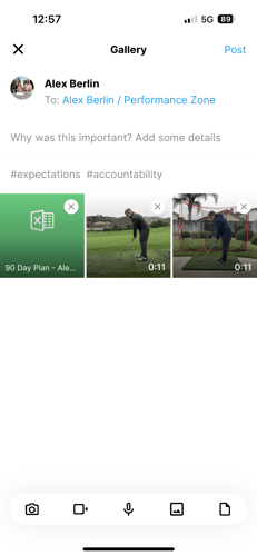 CoachNow mobile app gallery view showing Alex Berlin posting training videos and a 90-day golf plan to Performance Zone Space with expectations and accountability tags for athlete coaching feedback