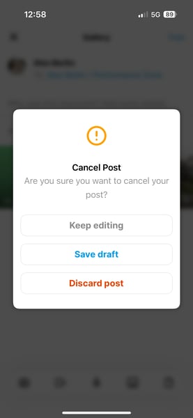 CoachNow cancel post dialog - mobile confirmation popup with options to keep editing, save draft, or discard post when canceling coaching content