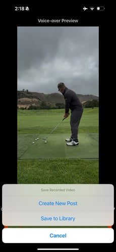 CoachNow mobile voice-over preview screen showing golf swing video with options to save recorded video, create new post, save to library, or cancel after recording coaching feedback.