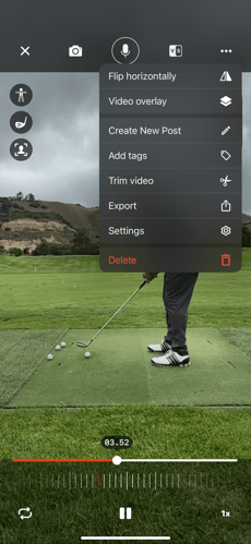 CoachNow mobile video editing menu showing golf swing analysis options including flip horizontally, video overlay, create new post, add tags, trim video, export, settings, and delete with playback controls.