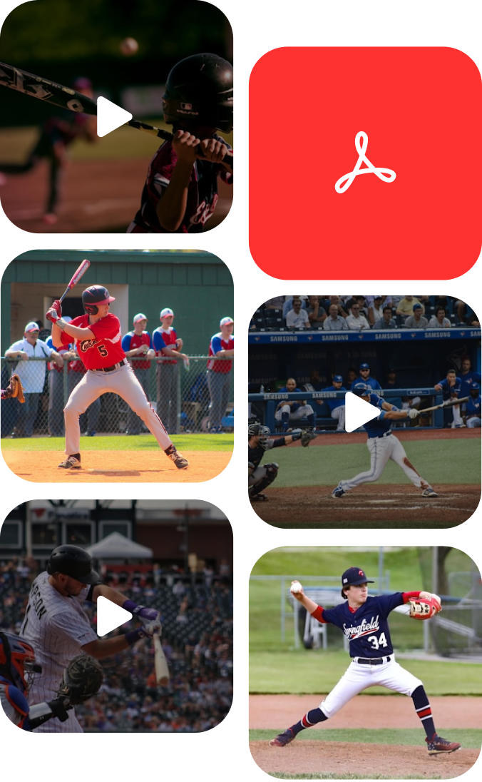 6 images of video footage of baseball players