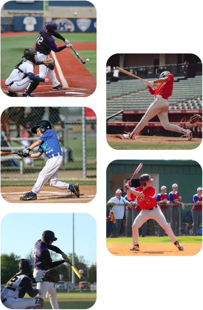 5 images of baseball players swinging baseball bats