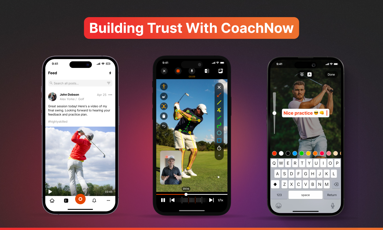 Screenshot titled "Building Trust With CoachNow" showing three mobile app screens demonstrating how coaches use CoachNow to build athlete trust through a shared activity feed, video analysis with drawing tools, and personalized feedback on a golf swing