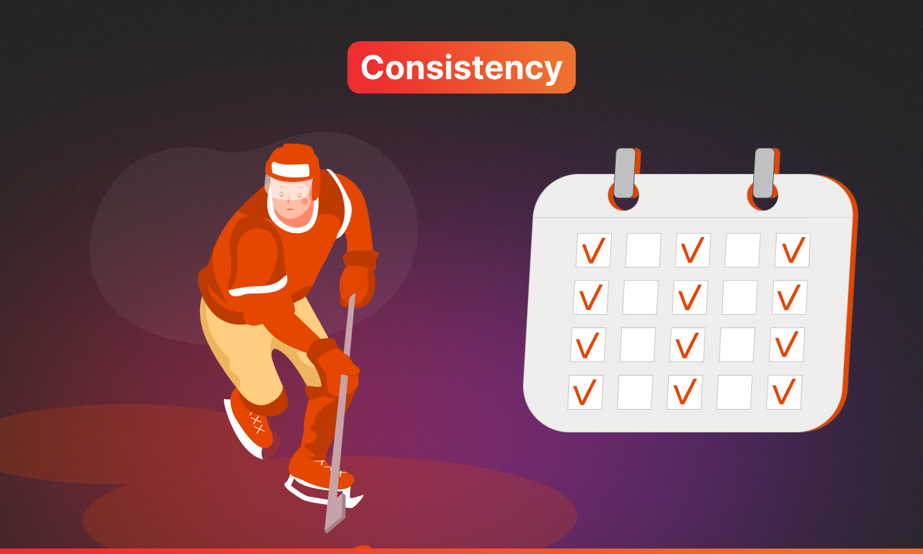 Illustration labeled "Consistency" showing a cartoon hockey player skating next to a calendar filled with evenly distributed checkmarks, representing the role of regular consistent training in long-term athletic development