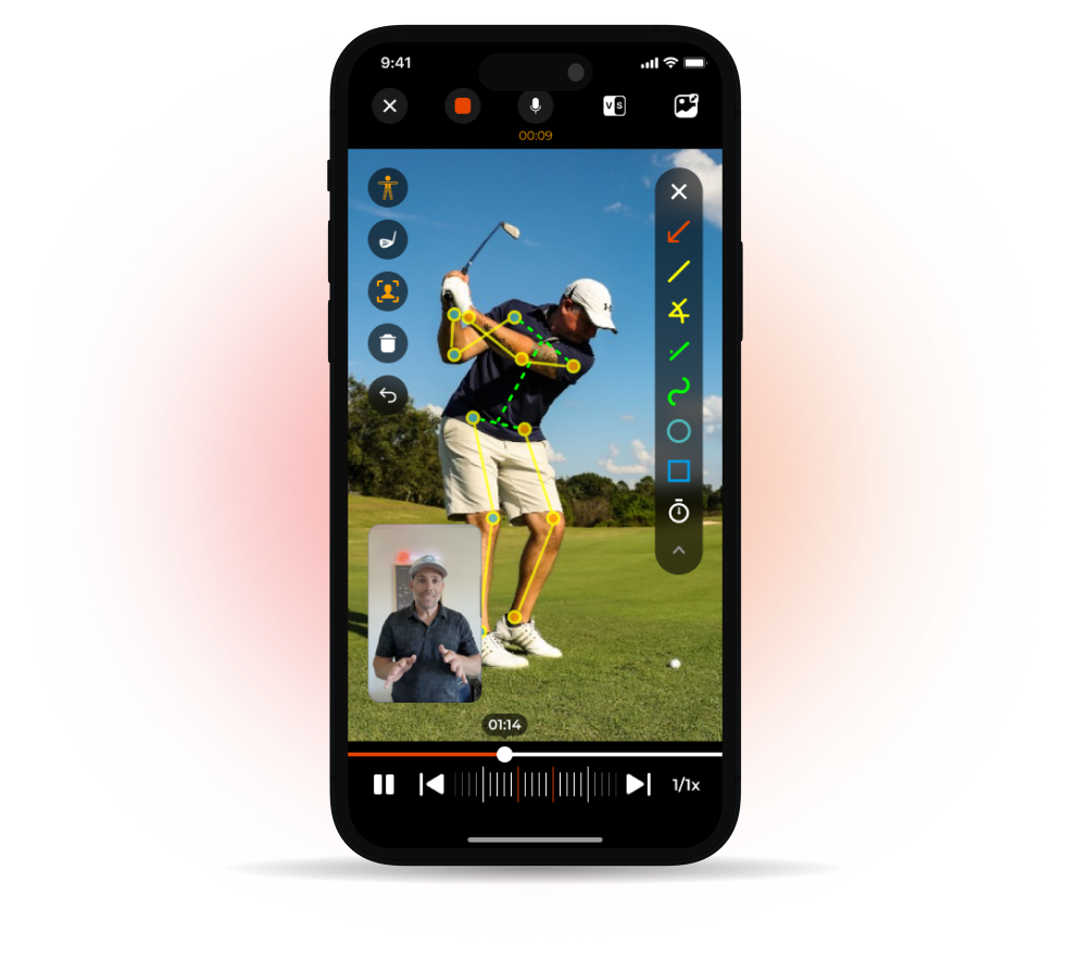 CoachNow Golf Analysis showing annotations, AI-enabled Skeleton Tracking, and coachcam with a golf coach