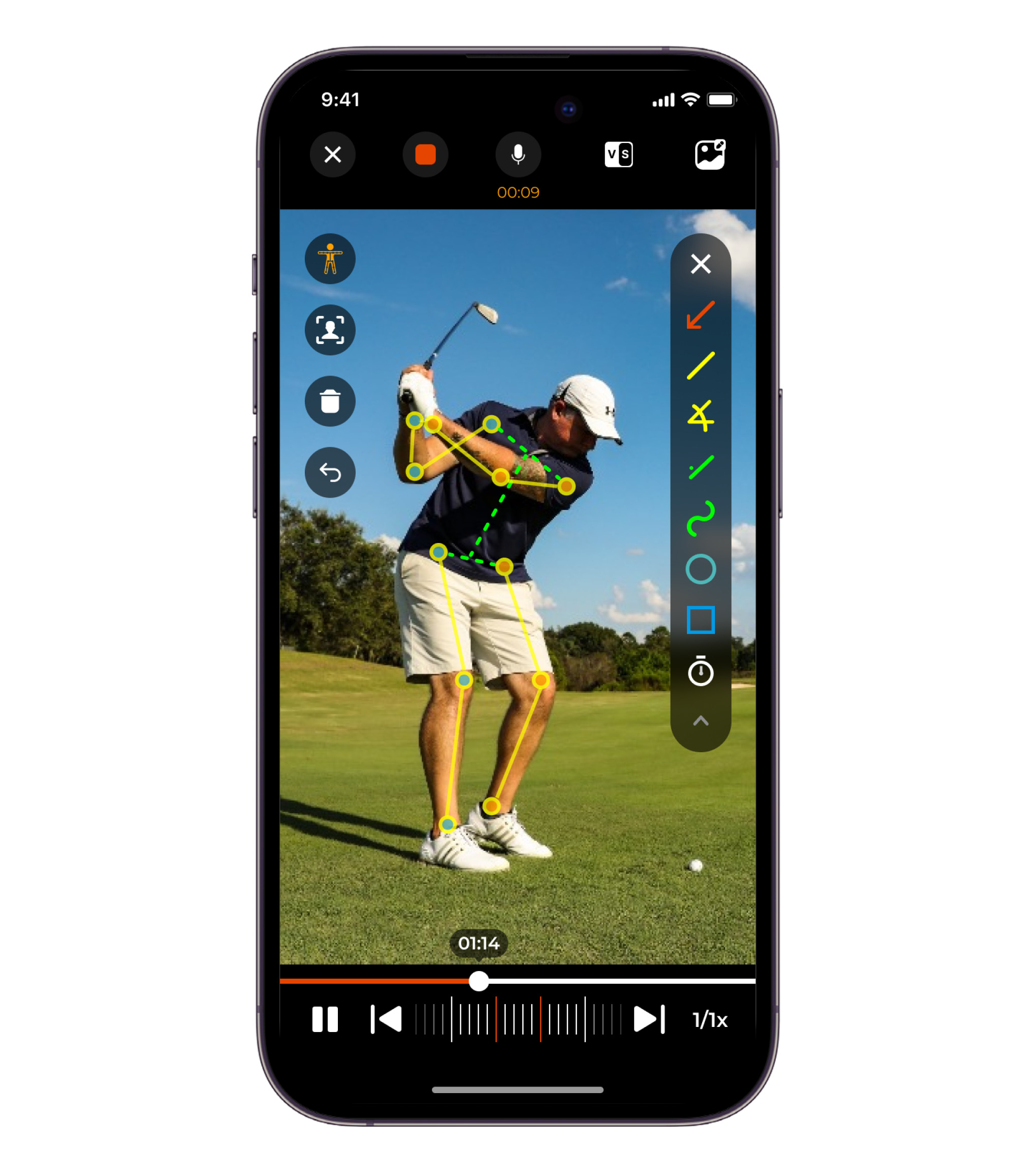iphone showing golfer in navy shirt swinging a golf club outside using ai-enabled skeleton tracking