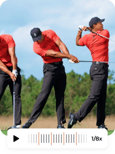 3 images of a golfer in red shirt swinging a golf club outside using slow motion feature in coachnow app
