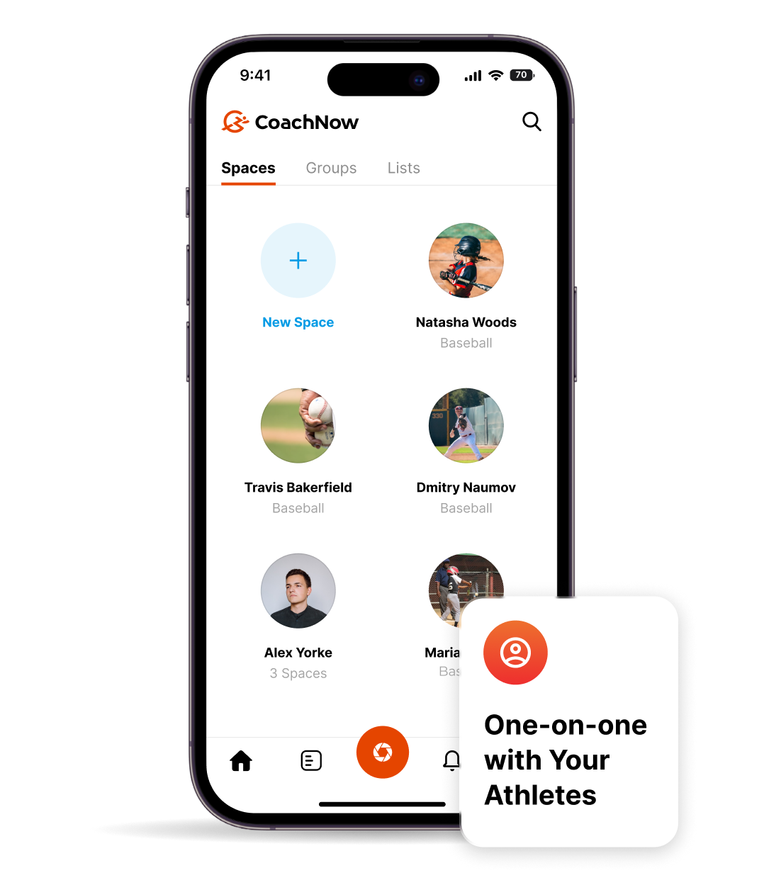 iphone showing spaces feature in coachnow app