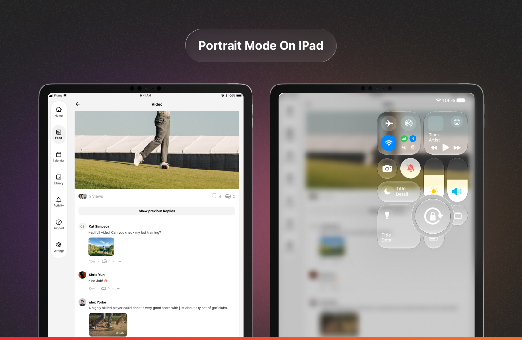 CoachNow now works in portrait mode on iPad, shown with a golf video post and comment thread on an upright iPad.