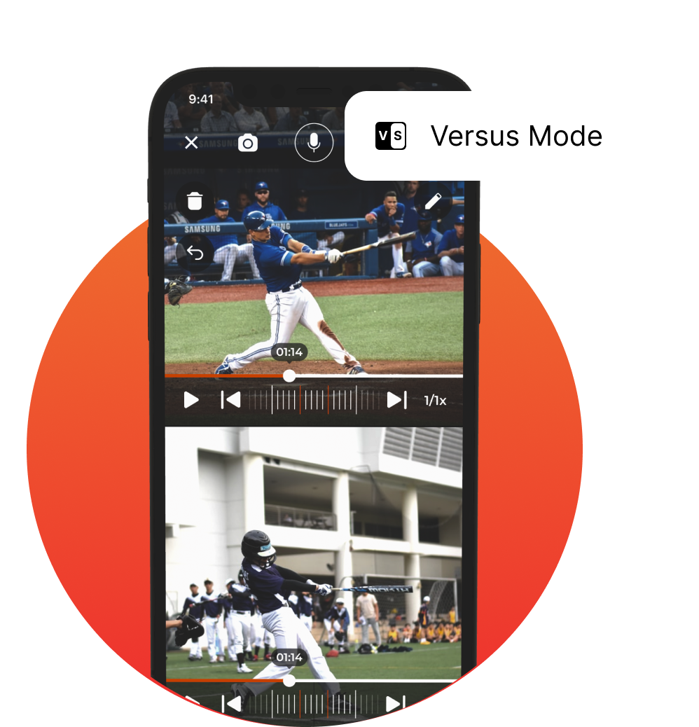 iphone showing 2 videos on top of each other of baseball players swinging a bat using the vs mode feature in the coachnow app