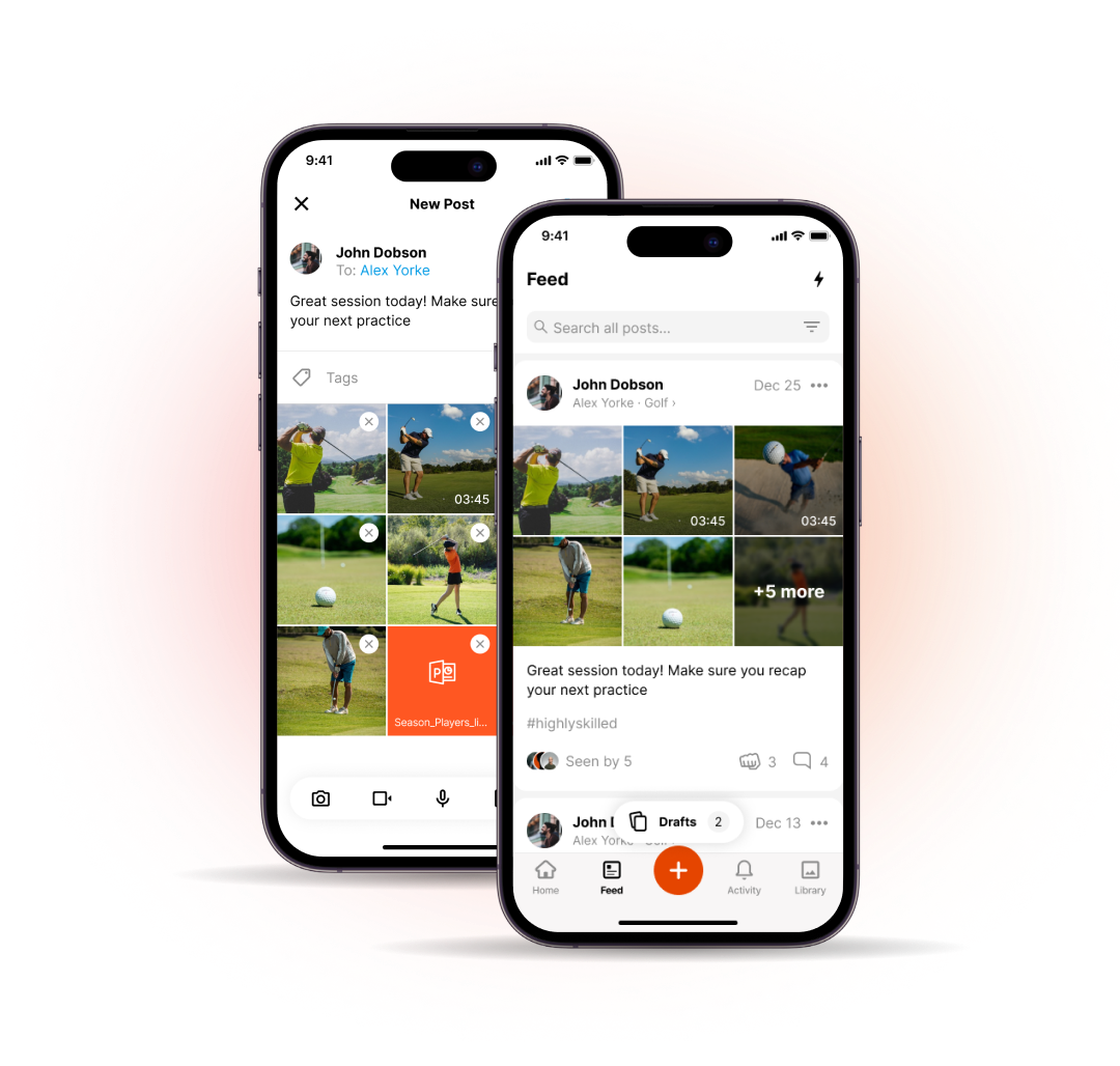CoachNow main feed showing gallery posts and coach athlete interactions