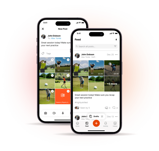 CoachNow main feed showing gallery posts and coach athlete interactions