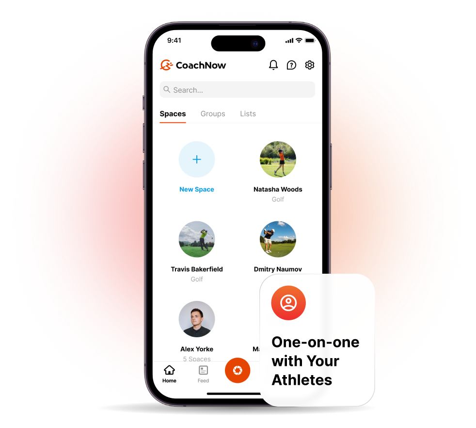 Spaces and groups on an iPhone from CoachNow with text one-on-one with your athletes