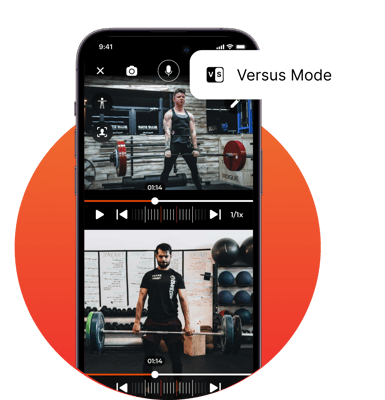 iphone showing two side by side videos of men weightlifting using versus mode in coachnow app