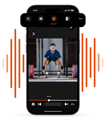 iphone showing video of a man weightlifting in gym using the voice over feature in coachnow app