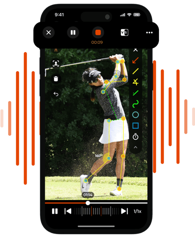 iphone showing golfer in black shirt swinging golf club outside using coachnow voiceover feature