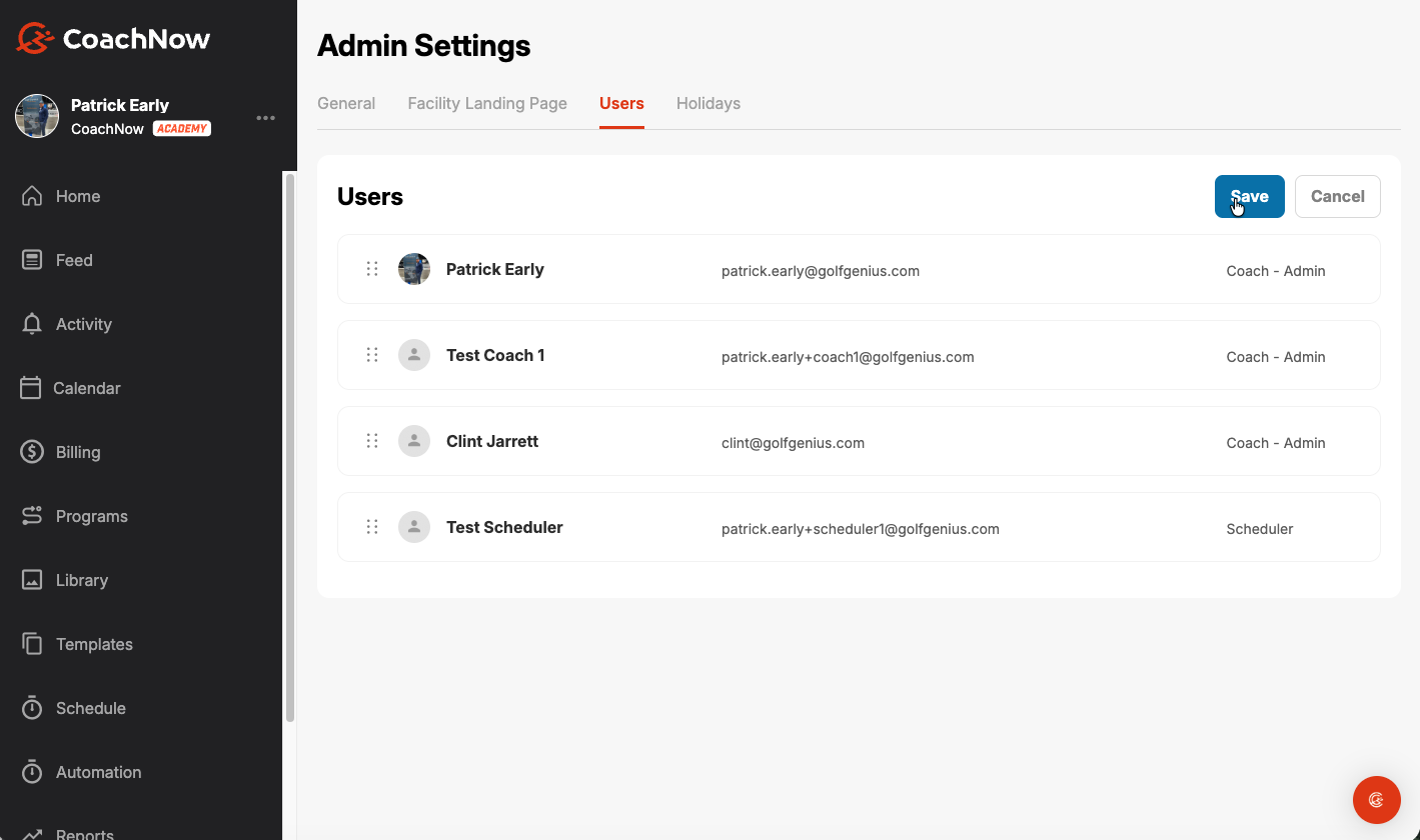 Admin settings page in coachnow desktop, reorder coaches with button and press save