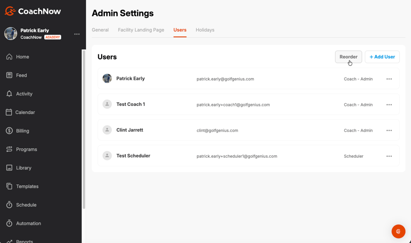 Admin settings page in coachnow desktop, reorder coaches with button